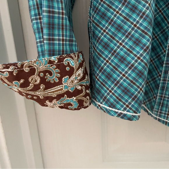 Panhandle Rough Stock turquoise and brown plaid long-sleeve western shirt, Med - Picture 5 of 9